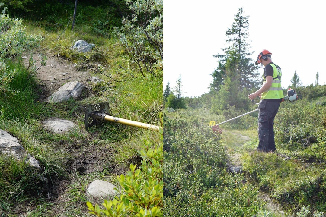 STIBYGGER I ARBEID: På Golsfjellet er det ikke brukt store gravemaskiner, men håndverktøy og bærekraftig stibyggerteknikk. Foto: Hallingdal Rides stibygging golsfjellet hallingdal