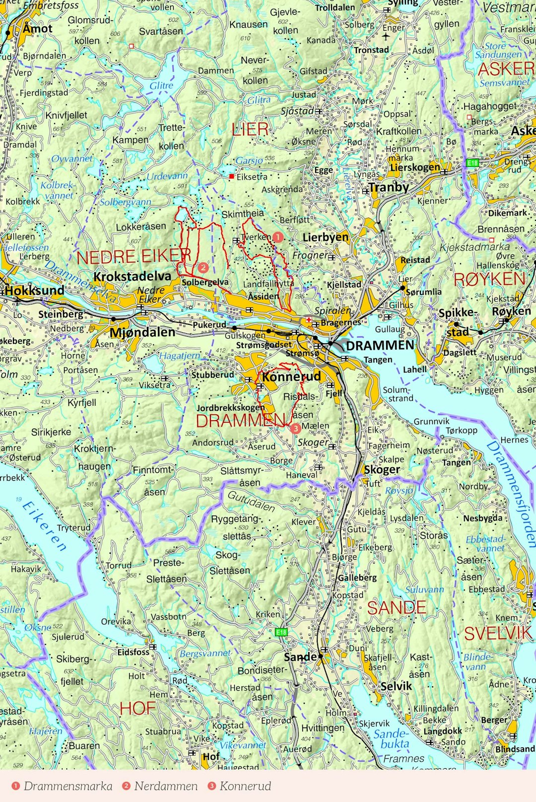 Oversiktskart over Drammen med inntegnet rute. Fra Stisykling i Norge.