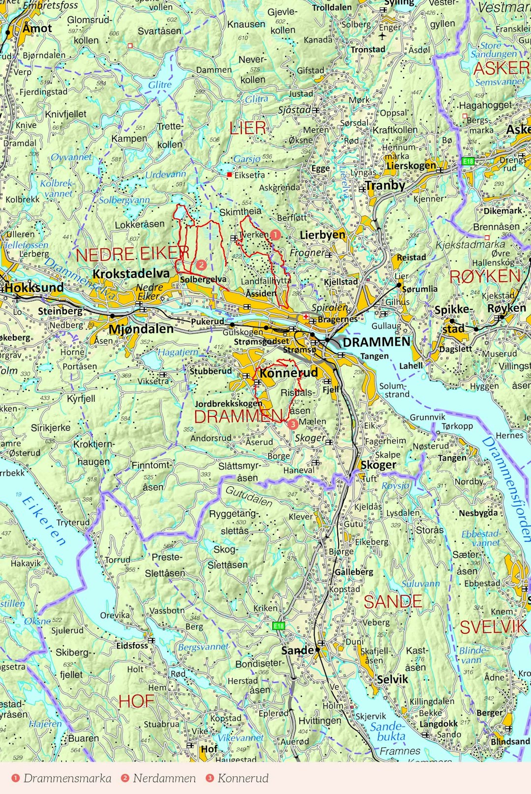 Oversiktskart over Drammen med inntegnet rute. Fra Stisykling i Norge. Oversiktskart over Drammen med inntegnet rute. Fra Stisykling i Norge.