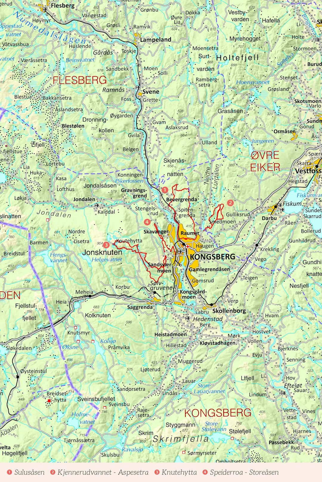Oversiktskart over Kongsberg med inntegnet rute. Fra Stistykling i Norge.