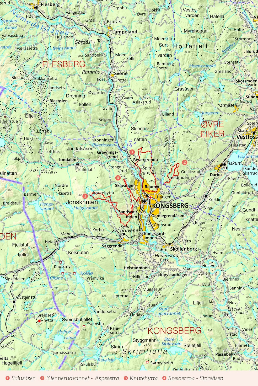 Oversiktskart over Kongsberg med inntegnet rute. Fra Stistykling i Norge. Oversiktskart over Kongsberg med inntegnet rute. Fra Stistykling i Norge.