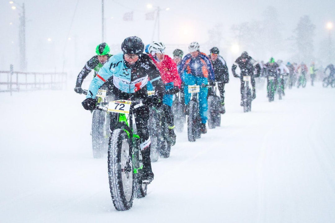 Det var tunge forhold under det første uoffisielle fatbike-NM, som ble arrangert på Lygna i januar 2015. Foto: Snorre Veggan Fatbike NM 2015 - Snorre Veggan