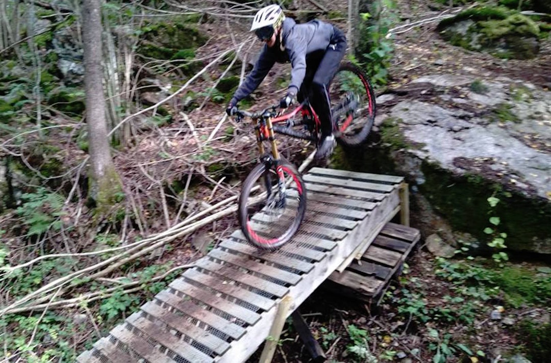 Dugnadsgjengen har bygget løyper i Tveit-bakken som egner seg for både utfor og stisykling, nybegynnere og drevne syklister. Og neste år blir det enda mer. Foto: Privat Tveitbakken Utfor:enduro ramp 1400x924