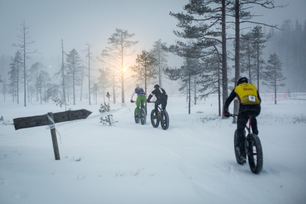 KUNSTIG LYS: Lysene i lysløypa sto på og lyste opp de mørkeste delene av løypa. (foto: Snorre Veggan) fatbike-nm-5135a
