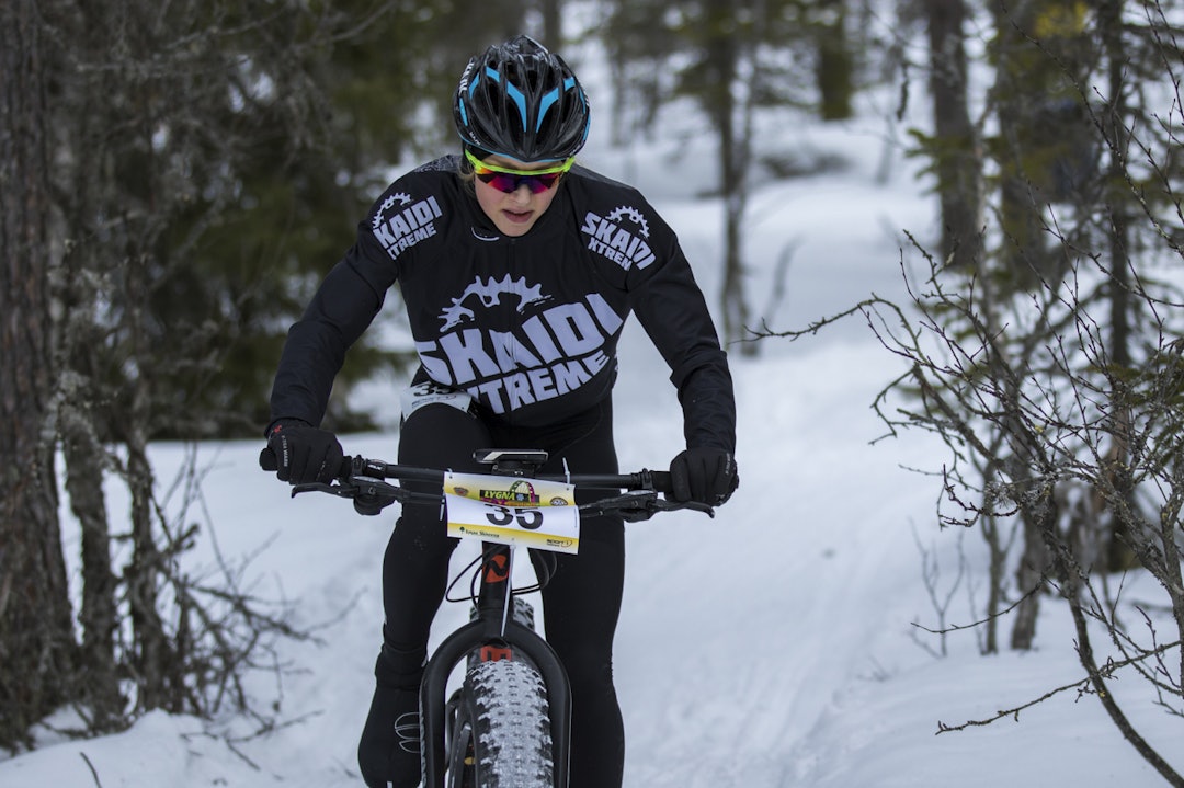 Rakel Birkeli tok sølv på NM i fatbike i februar. Foto: Per-Eivind Syvertsen Rakel Birkeli NM Lygna 2017 Foto Per-Eiving Syvertsen