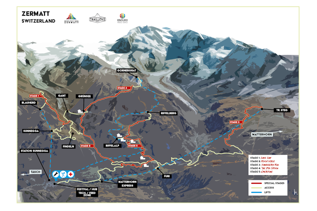 Etappekart for Enduro World Series siste runde, som går i Zermatt i Sveits i morgen. Illustrasjon: Enduro World Series