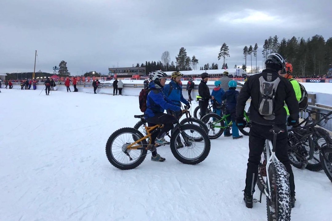 Med lommekjent guide kom fatbikeføget inn bakveien til de beste plassene på verdenscupstadion. Foto: Tom Ruud Global Fatbike day 2017 - Lillehammer - WC stadion Tom Ruud 1400x933