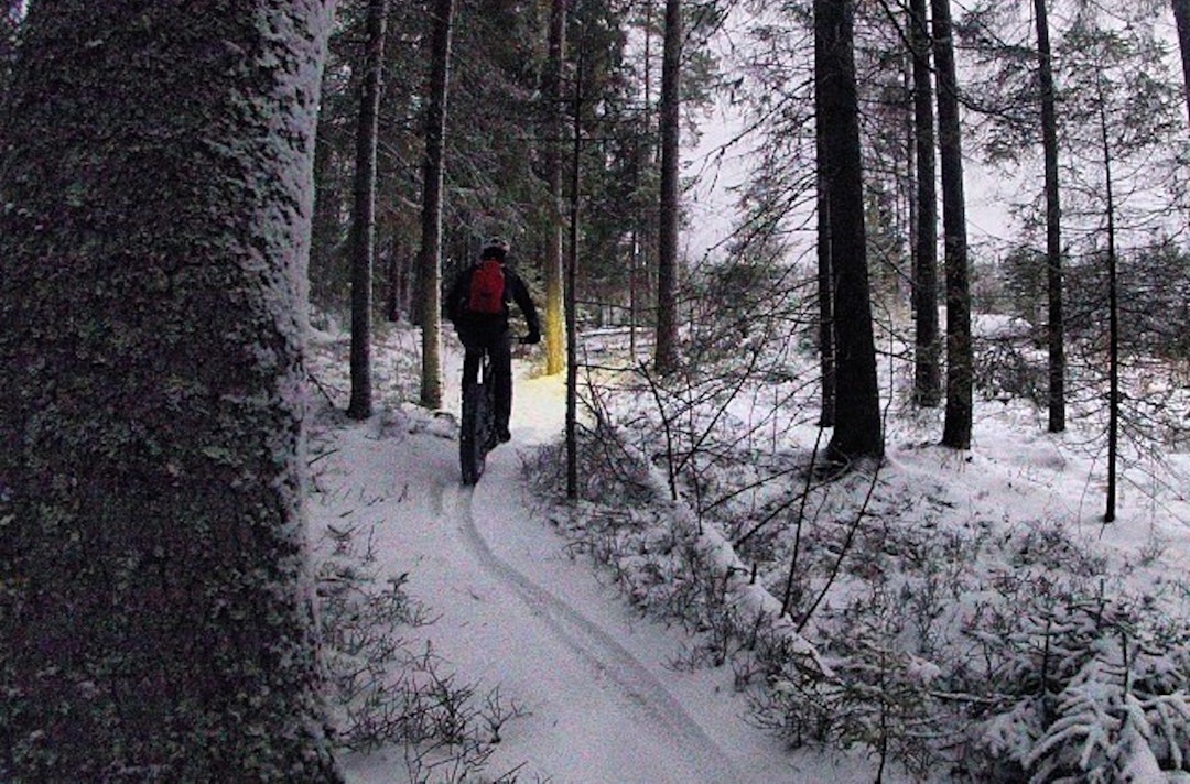 Fatbike på vinterstid gir spennende sykkelopplevelser, sier Fredrik Lindland, som er mye ute i terrenget med feite hjul. Foto: Privat Fredrik Landland - 1400x924