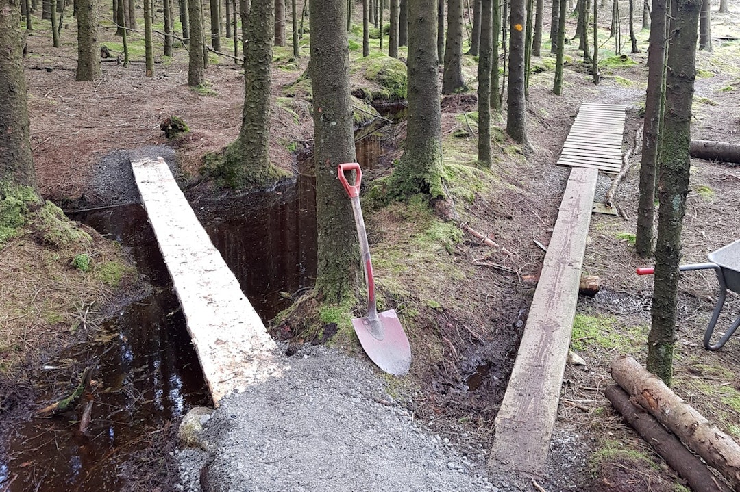 Mye av byggingen i Njå Bike Park har vært håndarbeid denne sesongen grunnet særs fuktige forhold. Foto: Bjørn Kjetil Aanensen Bridge - Foto Terrengavdelingen 1400x933
