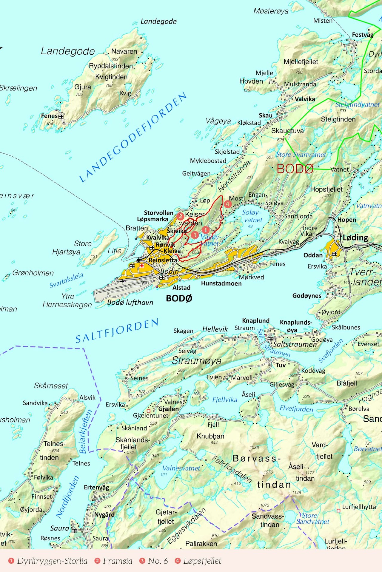 Oversiktskart over Bodø med inntegnet rute. Fra Stisykling i Norge. Oversiktskart over Bodø med inntegnet rute. Fra Stisykling i Norge.