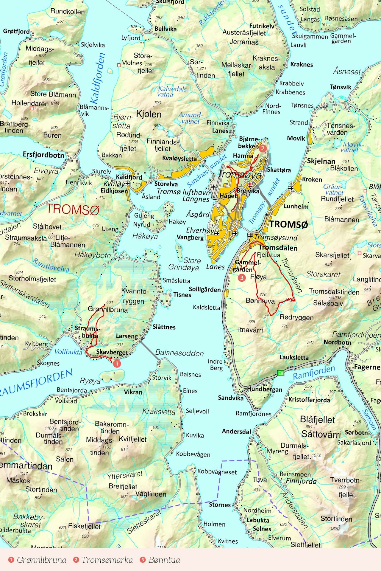 Oversiktskart over Tromsø med inntegnet rute. Fra Stisykling i Norge. Oversiktskart over Tromsø med inntegnet rute. Fra Stisykling i Norge.