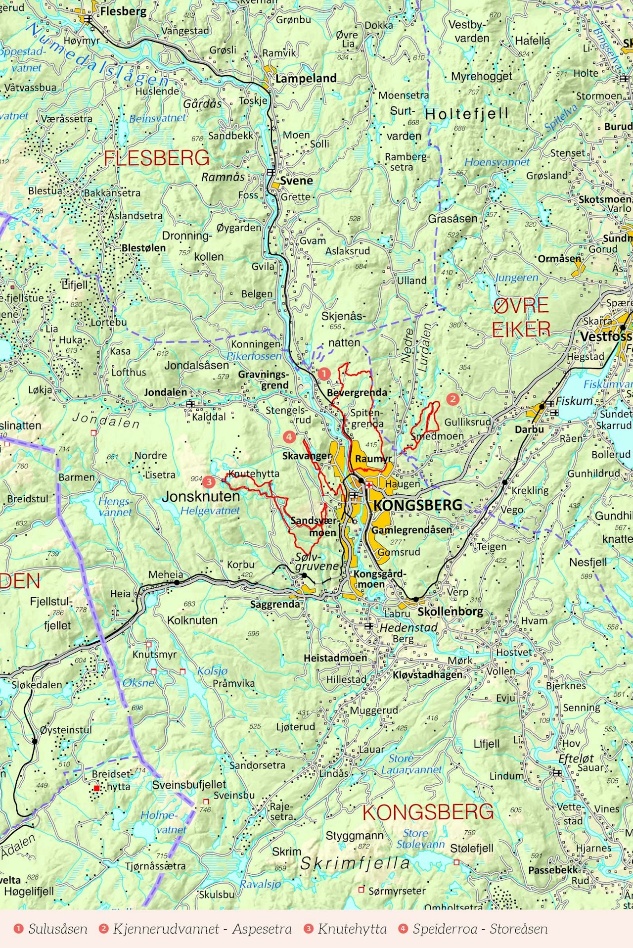 Oversiktskart over Kongsberg med inntegnet rute. Fra Stisykling i Norge.