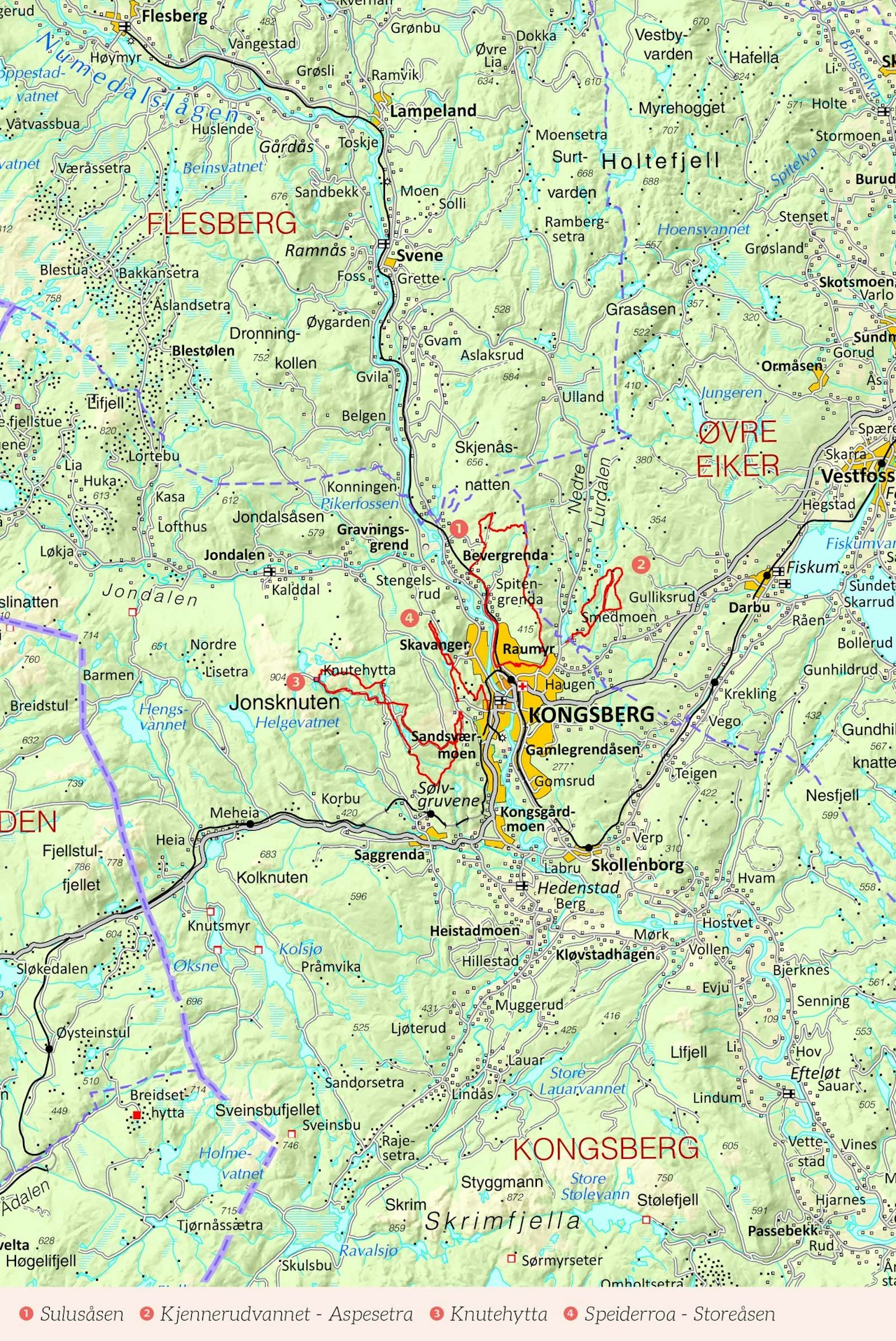 Oversiktskart over Kongsberg med inntegnet rute. Fra Stisykling i Norge. Oversiktskart over Kongsberg med inntegnet rute. Fra Stisykling i Norge.