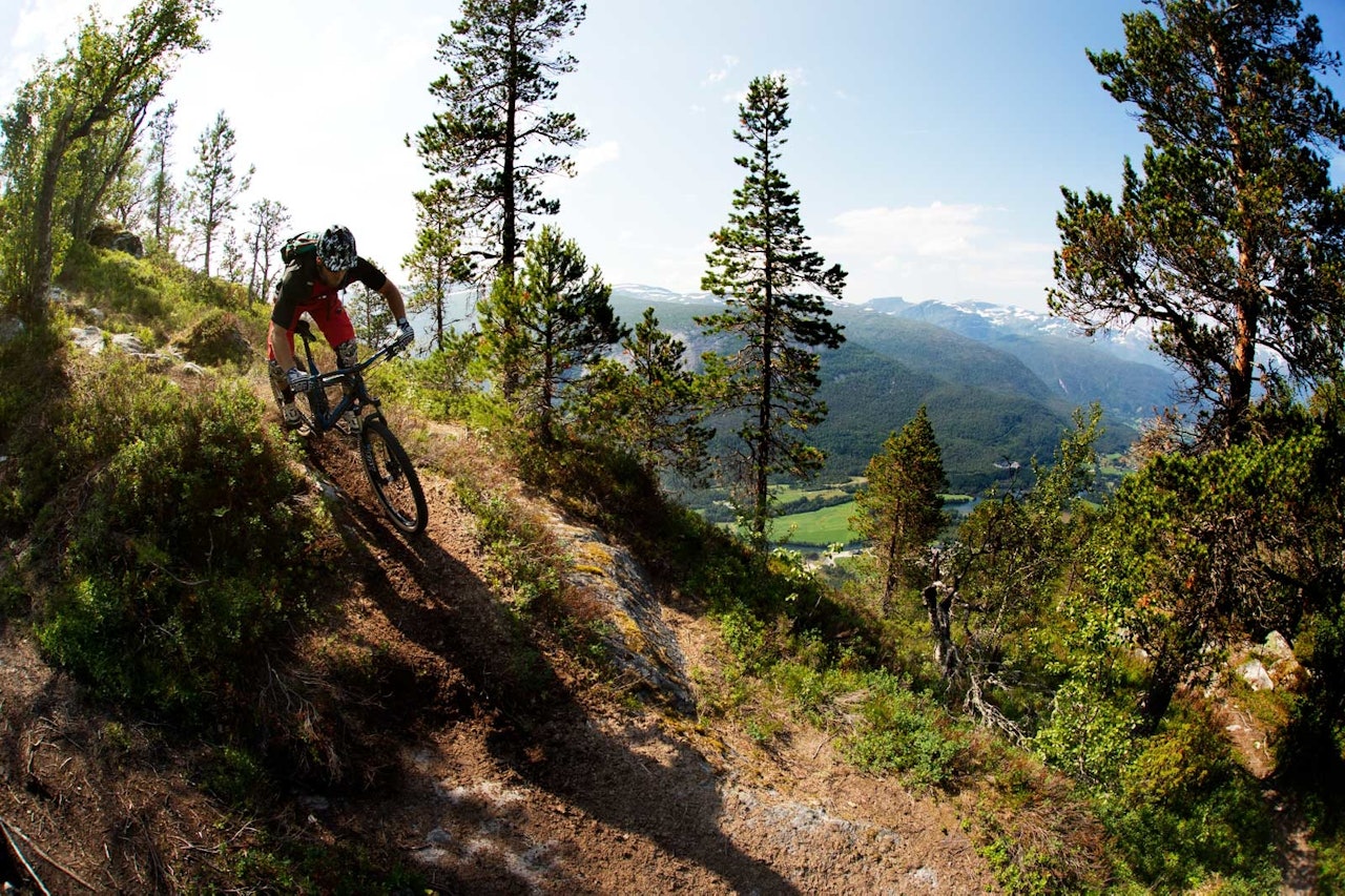Sigleif Myklebust tar fatt på øverste del av Veten-stien. Utforkjøringen er både variert og krevende. / Stisykling i Norge. Sigleif Myklebust tar fatt på øverste del av Veten-stien. Utforkjøringen er både variert og krevende. / Stisykling i Norge.