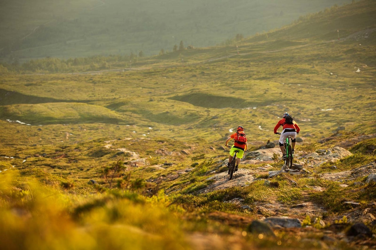 Halvard Avdem og Øyvind Østvedt tråkker mot toppen og utsikten over Stryn sentrum og Nordfjord. / Stisykling i Norge. Halvard Avdem og Øyvind Østvedt tråkker mot toppen og utsikten over Stryn sentrum og Nordfjord. / Stisykling i Norge.
