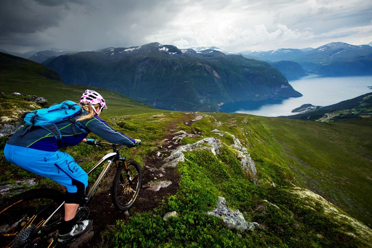 Ned fra Mefjellet byttes etterhvert fjordutsikt ut mot tett skog. Like bratt er det dog. / Stisykling i Norge. Ned fra Mefjellet byttes etterhvert fjordutsikt ut mot tett skog. Like bratt er det dog. / Stisykling i Norge.