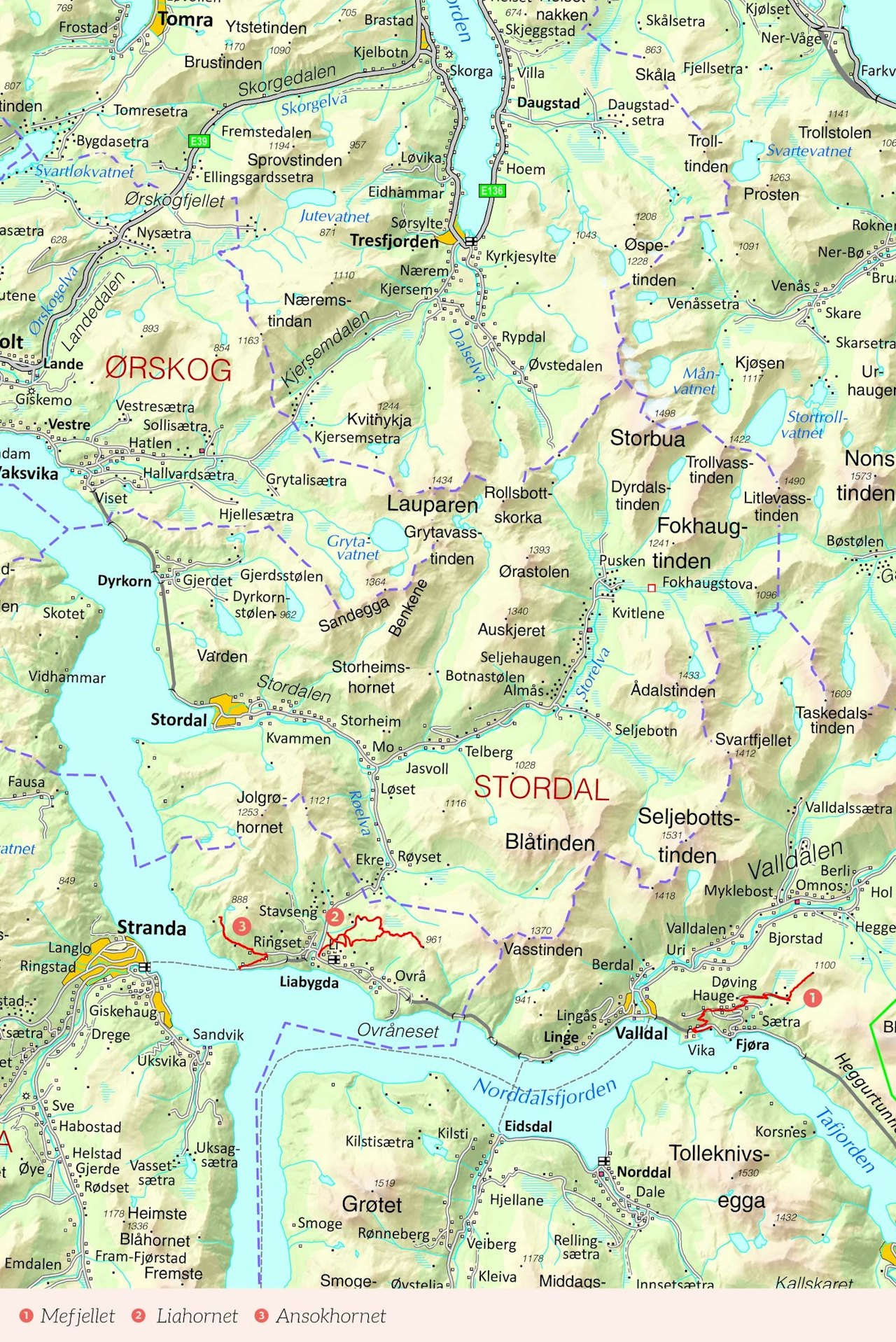 Oversiktskart over Sunnmøre med inntegnet rute. Fra Stisykling i Norge.