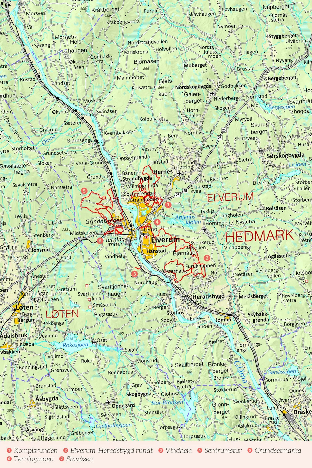 Oversiktskart over Elverum med inntegnet rute. Fra Stisykling i Norge. Oversiktskart over Elverum med inntegnet rute. Fra Stisykling i Norge.