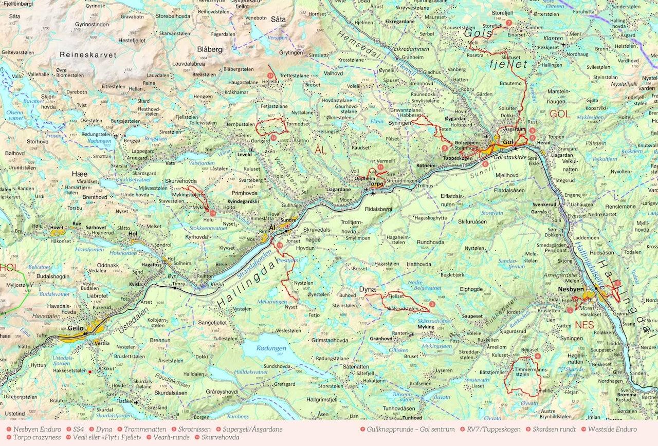 Oversiktskart over Hallingdal med inntegnet rute. Fra Stisykling i Norge.