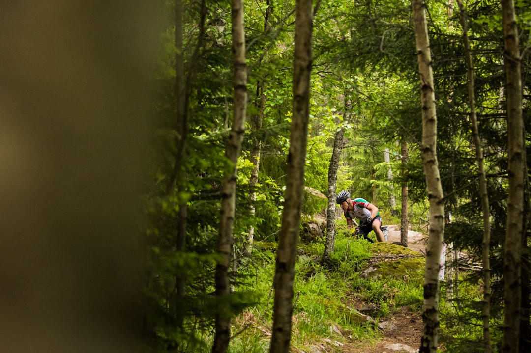 SKOG: Ingen tvil om at det er skog i Østmarka. Heller ikke at TSR er et stiritt. (foto: Snorre Veggan) terrengsykkelrittet-8675a