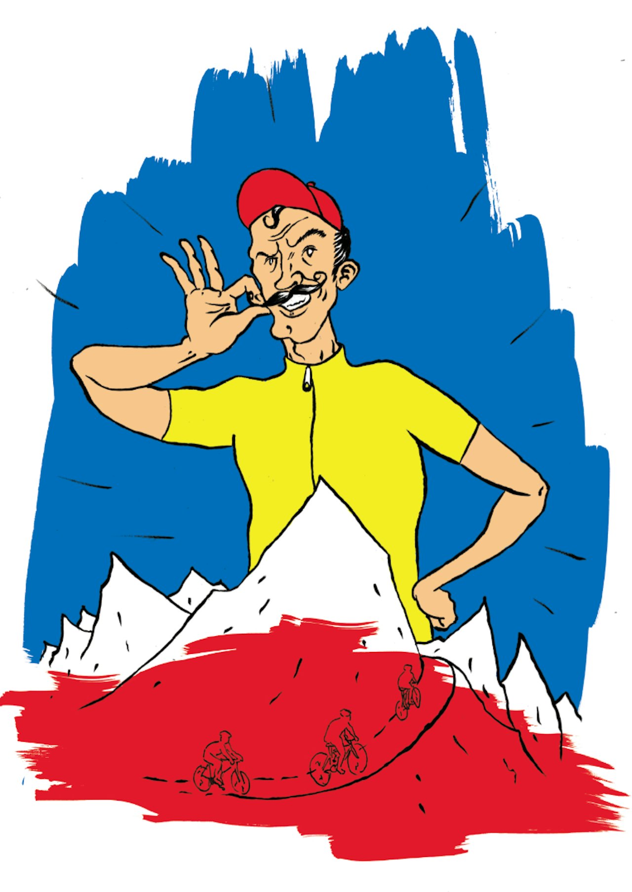 HISTORISK DYPDYKK: For å minne leseren om oppfordringen å ta et dypdykk i syklingens rike historie, skal forfatteren sykle med bart under hele Tour de France. Illustrasjon: Didrik Magnus-Andresen. HISTORISK DYPDYKK: For å minne leseren om oppfordringen å ta et dypdykk i syklingens rike historie, skal forfatteren sykle med bart under hele Tour de France. Illustrasjon: Didrik Magnus-Andresen.