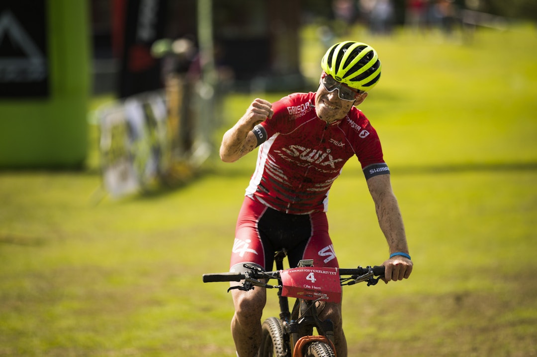 Ole Hem ligger an til å vinne Norgescupen sammenlagt. Her fra seieren på Terrengsykkelrittet i juni. Foto: Snorre Veggan Ole Hem - Snorre Veggan - 1400x933