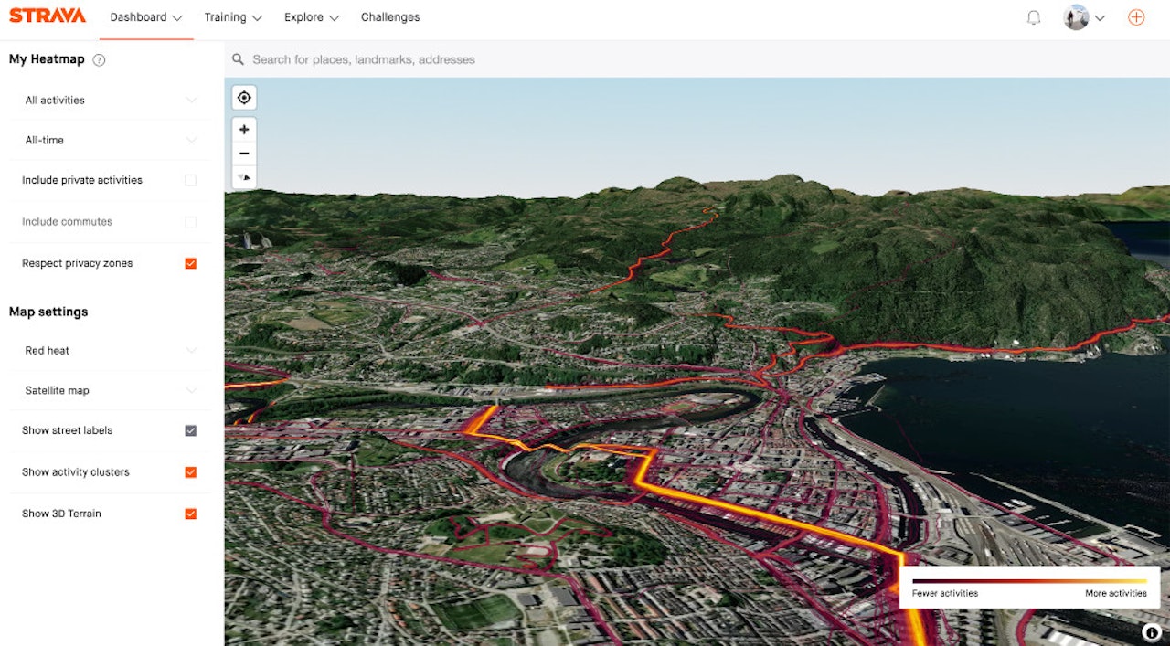 NY FUNKSJON: Slik kan du nå bruke varmekartet over aktivitetene dine. Foto: Skjermdump Strava NY FUNKSJON: Slik kan du nå bruke varmekartet over aktivitetene dine. Foto: Skjermdump Strava