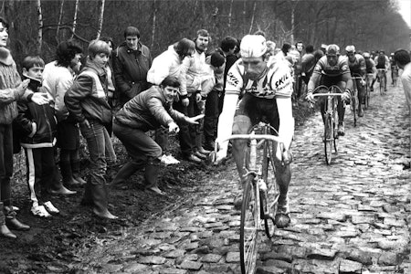 BRUTALT: Sean Kelly på vei gjennom Arenbergskogen i Paris-Roubaix, før gjerder var en god idé. Foto: Cor Vos. 
