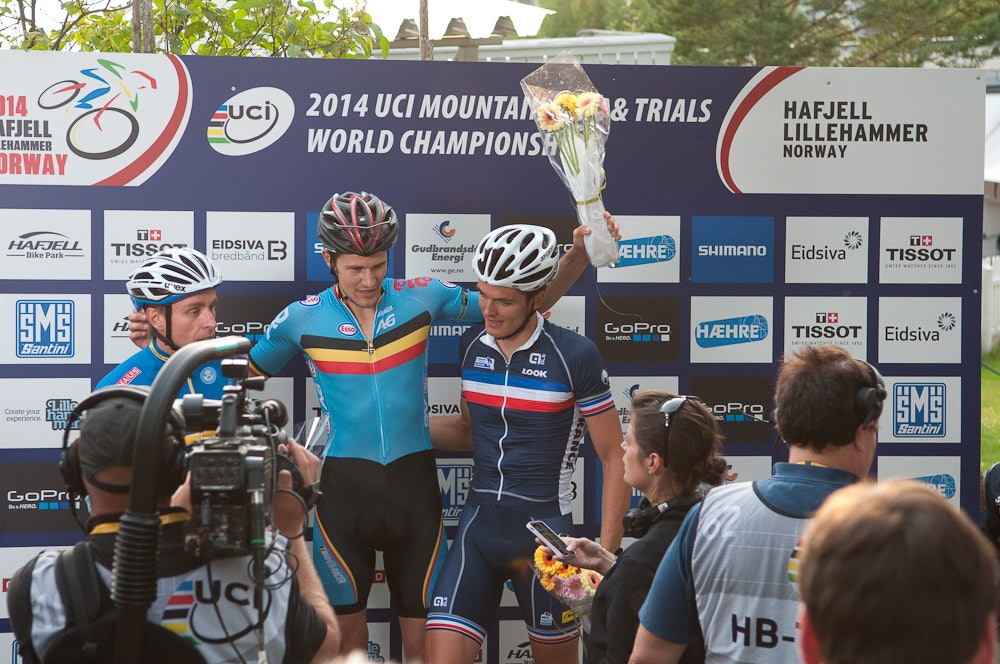 PALLEN: Emil Lindgren, Fabrice Mels og Kevin Miquel tok medaljene i herresprinten. PALLEN: Emil Lindgren, Fabrice Mels og Kevin Miquel tok medaljene i herresprinten.