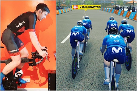ZWIFT-PROFFDEBUT: Vidar Mehl måtte se seg slått med tre sekunder av gamlelaget Kalas i sin proffdebut på Zwift med det spanske laget Movistar tirsdag kveld.  Vidar Mehl proffdebut med Movistar