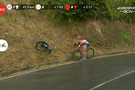 VELTET: Odd Christian Eiking gikk i bakken på den 17. etappen av Vuelta a España, og mistet ledertrøya i rittet. Foto: Skjermdump Discovery+ VELTET: Odd Christian Eiking gikk i bakken på den 17. etappen av Vuelta a España, og mistet ledertrøya i rittet. Foto: Skjermdump Discovery+