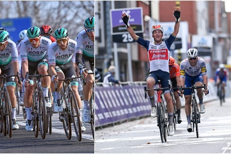 IKKE TIL START: Hverken Bora-hansgrohe eller regjerende vinner Mads Pedersens lag, Trek-Segafredo, er til start i Gent-Wevelgem. Foto: CorVos