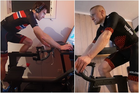 FINALEKLARE: Vidar Mehl (til vendte) og Håvard Gjeldnes er to av 20 finalister som kjemper om fem plasser i Movistars nye Zwift-lag. Foto: Helene Haugland/Privat Vidar Mehl og Håvard Gjeldnes til finalen i Movistar Challenge