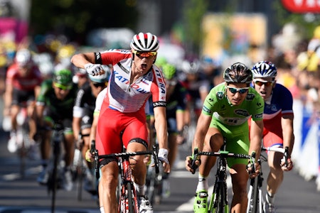 INGEN TVIL: Alexander Kristoff parkerer Peter Sagan og Arnaud Démare i sin første seier i Tour de France. Foto: Cor Vos. INGEN TVIL: Alexander Kristoff parkerer Peter Sagan og Arnaud Démare i sin første seier i Tour de France. Foto: Cor Vos.