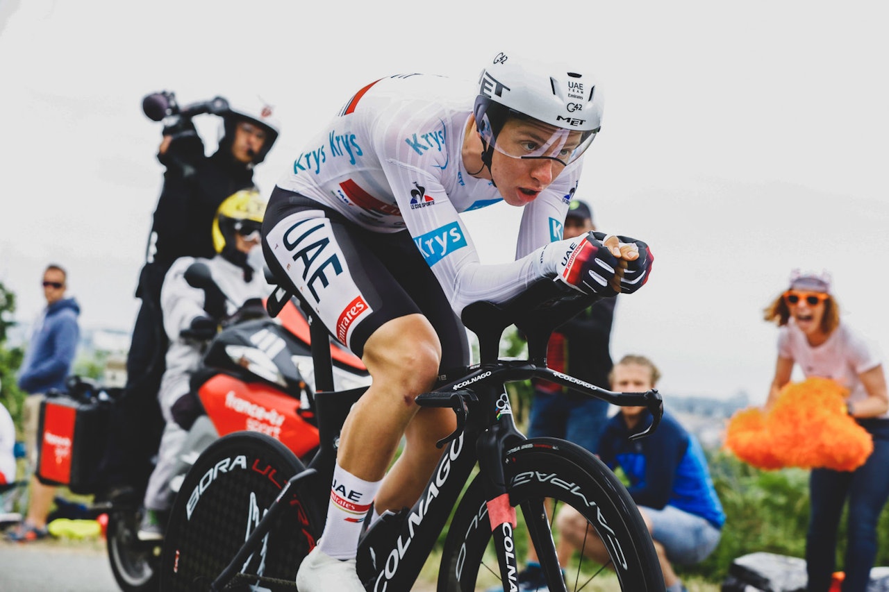 OVERLEGEN: Tadej Pogacar tok en knusende seier på dagens tempoetappe. Foto: Cor Vos. OVERLEGEN: Tadej Pogacar tok en knusende seier på dagens tempoetappe. Foto: Cor Vos.