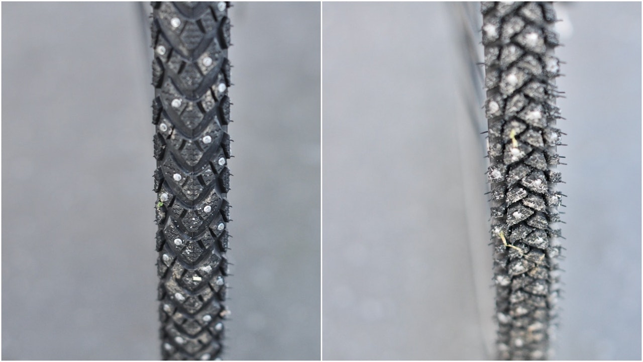 SCHWALBE VS SUOMI: Schwalbe Marathon Winter + og Suomi Routa TR har 240 og 248 pigger i dekkene.  Schwalbe Marathon WInter + og Suomi Routa TR