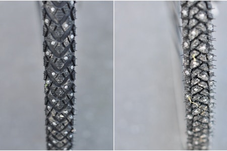 SCHWALBE VS SUOMI: Schwalbe Marathon Winter + og Suomi Routa TR har 240 og 248 pigger i dekkene.  Schwalbe Marathon WInter + og Suomi Routa TR