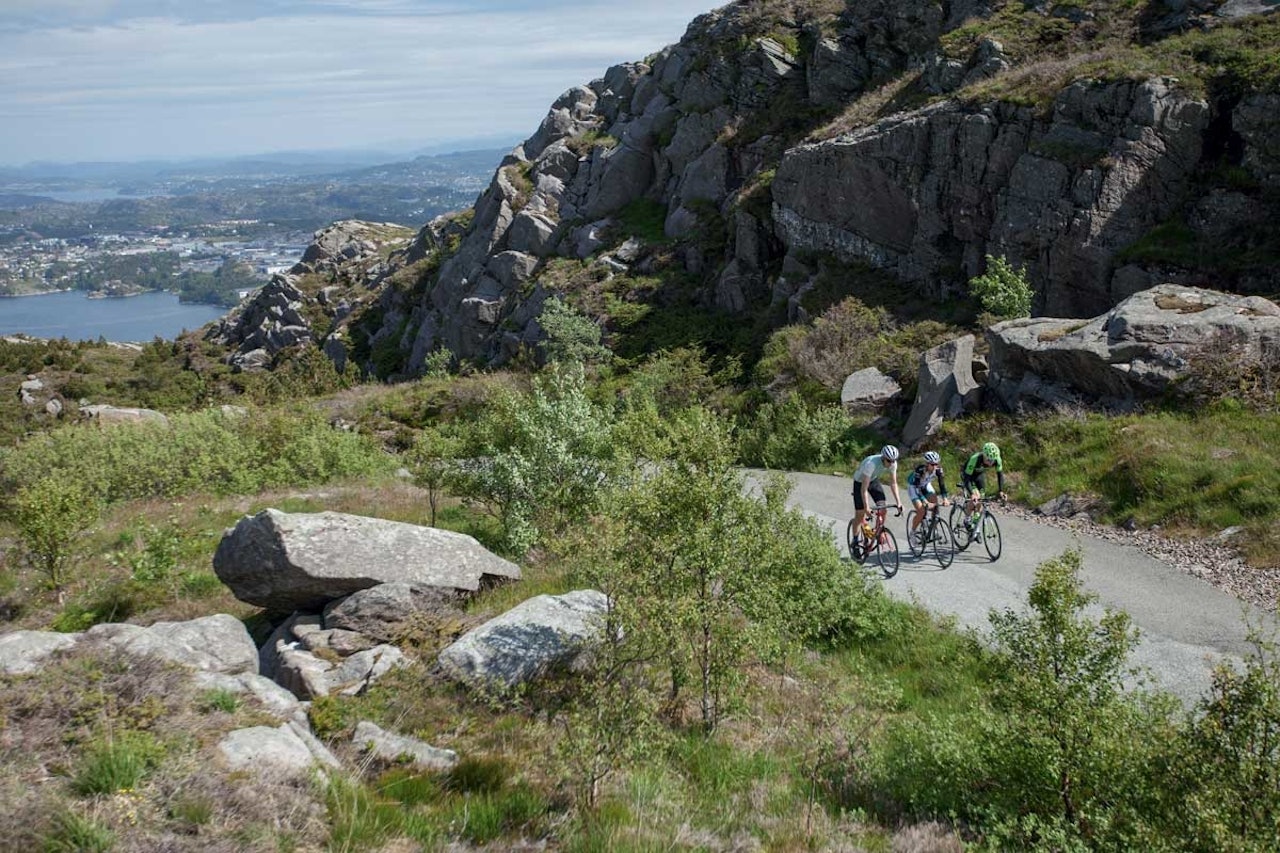 Midtveis i bakken er Sotra allerede langt under oss. motbakkesykling motbakke bakkesykling landevei cycling Norge 71 bakker du må sykle i Norge fri flyt procycling gruppetto strava segment Øygarden Sotra Bergen Liatårnet
