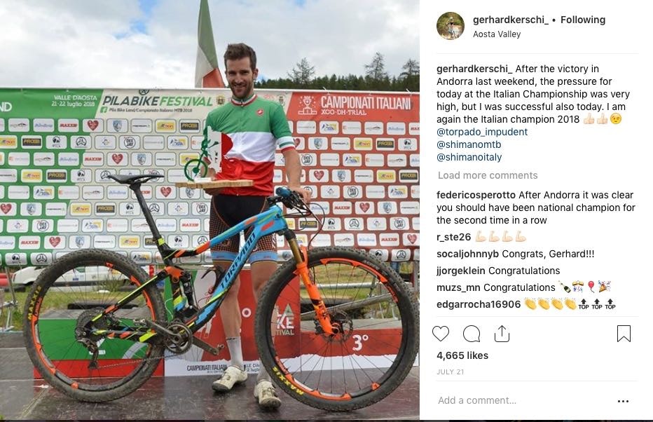 ITALIENSK: Gerhard Kerschbaumer sykler på det, i Norge ukjente merket Torpada. Faksimile fra Kerschbaumers Instagram