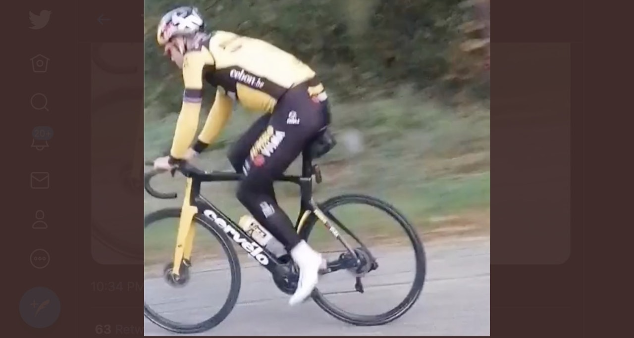 NY SHIMANO-GRUPPE? Wout van Aert er ute på ny sykkel, der angivelig også Shimano-gruppa er helt ny. Skjermdump, twitter.  wout van aert cervélo