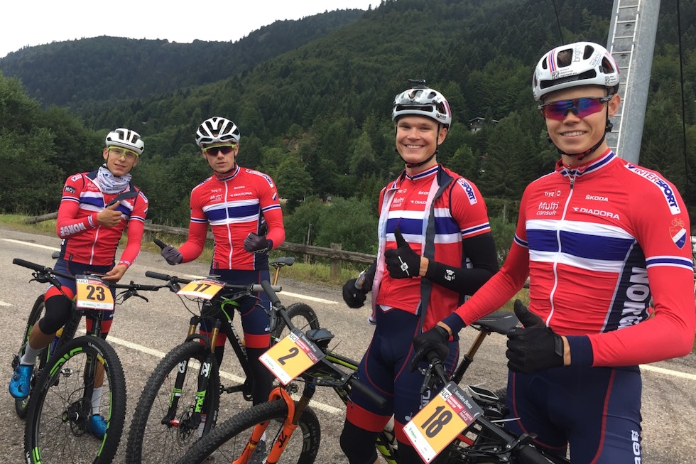 Tobias Johannessen ble nummer fem, Martin Siggerud nummer seks, Petter Fagerhaug vant og Erik Hægstad kom på 12.plass i verdenscupfinalen. Foto: Eddy Knudsen Storsæter Tobias JOhannessen - Martin Siggerud - Petter Fagerhaug- Erik Hægstad - WC 2018 - Eddy Knudsen Storsæter 1400x933