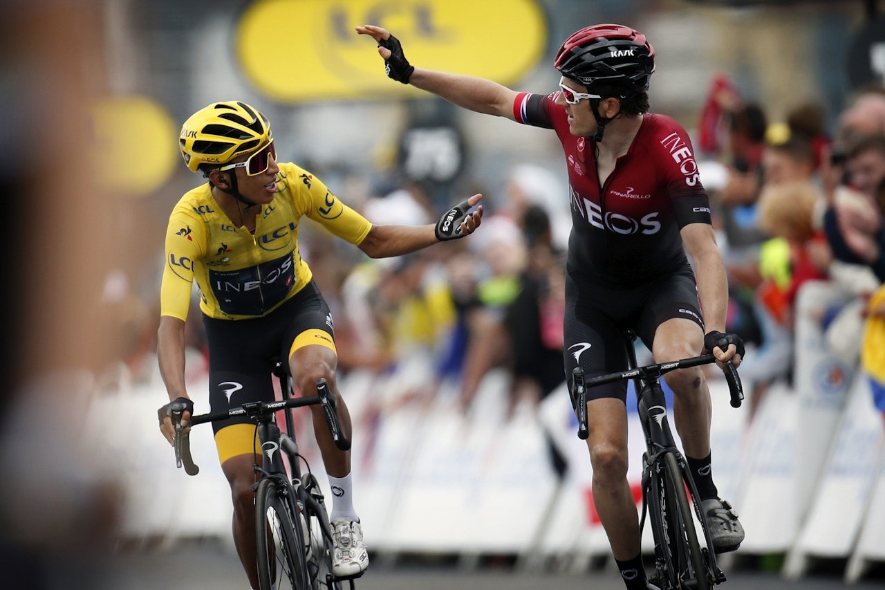 DOBBELTSEIER: Egan Bernal og Geraint Thomas kunne juble for første og andreplass i Tour de France etter dagens etappe. Foto: Cor Vos. 