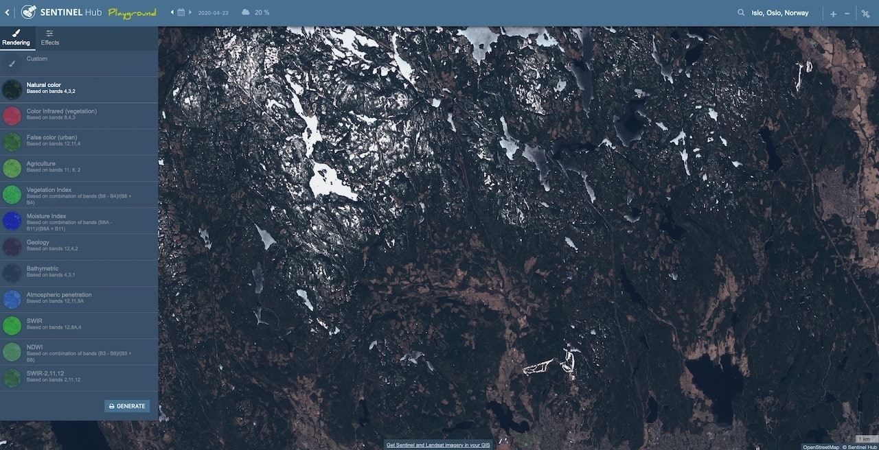 ER DET SNØ PÅ GRUSVEIENE? Sentinel Hub gir deg svaret, helt gratis! Skjermdump: Sentinel Hub. sentinel hub er en nettside med satelittbilder som viser om det er snø på grusveier i Nordmarka