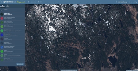 sentinel hub er en nettside med satelittbilder som viser om det er snø på grusveier i Nordmarka