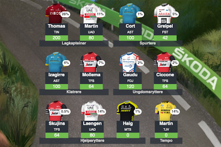 STORLAG: Dette er oppsetningen til det nye storlaget «Røa glass og ramme», som skal hjelpe Dan Martin til seier. Skjermdump, TV2 Tour Manager. STORLAG: Dette er oppsetningen til det nye storlaget «Røa glass og ramme», som skal hjelpe Dan Martin til seier. Skjermdump, TV2 Tour Manager.