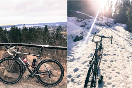 SKIFTENDE FORHOLD: Å sykle åtte traséer til Tryvann 1. april er umulig uten å sykle på snø. Foto: Geir Tonny Brovold. Geir Tonny brovold sykler på snø