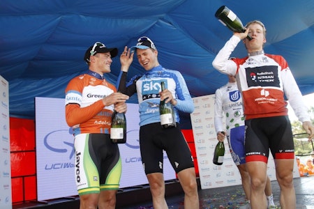 PARTY TIME: Edvald og Simon Gerrans (t.v) kjørte sammen i Team Sky. Her fra Tour Down Under 2018 Simon Gerrans