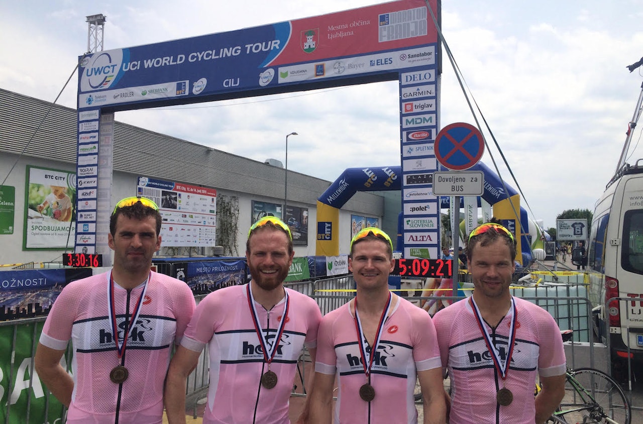 VM-KLARE: Christian Tollefsen, Lars Blesvik, Christian Hasle og Trond Lydersen fra Holmenkollen CK kvalifiserte seg til Masters-VM gjennom UWCT-rittet Maraton Franja i Ljubljana i Slovenia i juni. Foto: Privat  VM-KLARE: Christian Tollefsen, Lars Blesvik, Christian Hasle og Trond Lydersen fra Holmenkollen CK kvalifiserte seg til Masters-VM gjennom UWCT-rittet Maraton Franja i Ljubljana i Slovenia i juni. Foto: Privat