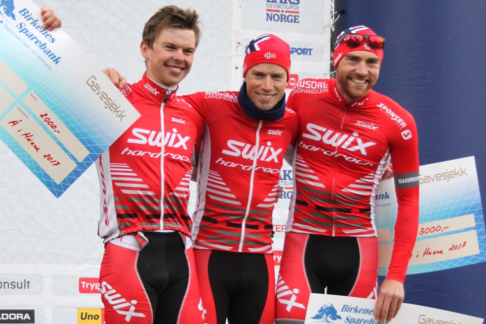 Swix Hard Rocx tok hele pallen på Å i Heiane i fjor med seier til Ole Hem foran Fredrik Haraldseth og Vidar Mehl på tredje. Foto: Ingrid Lægreid NCF Fredrik Haraldseth - Ole Hem - Vidar Mehl - NC1 Å i Heiane 2017 - Ingrid Lægreid NCF 1400x933