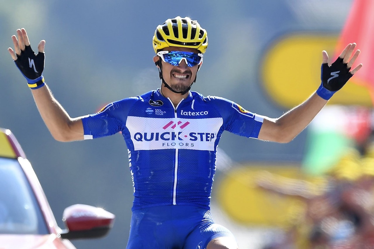 FØRSTE ETAPPESEIER: Julian Alaphillippe vant den første fjelletappen i årets Tour, og sin første Tour de France-etappe. Foto: Cor Vis FØRSTE ETAPPESEIER: Julian Alaphillippe vant den første fjelletappen i årets Tour, og sin første Tour de France-etappe. Foto: Cor Vis